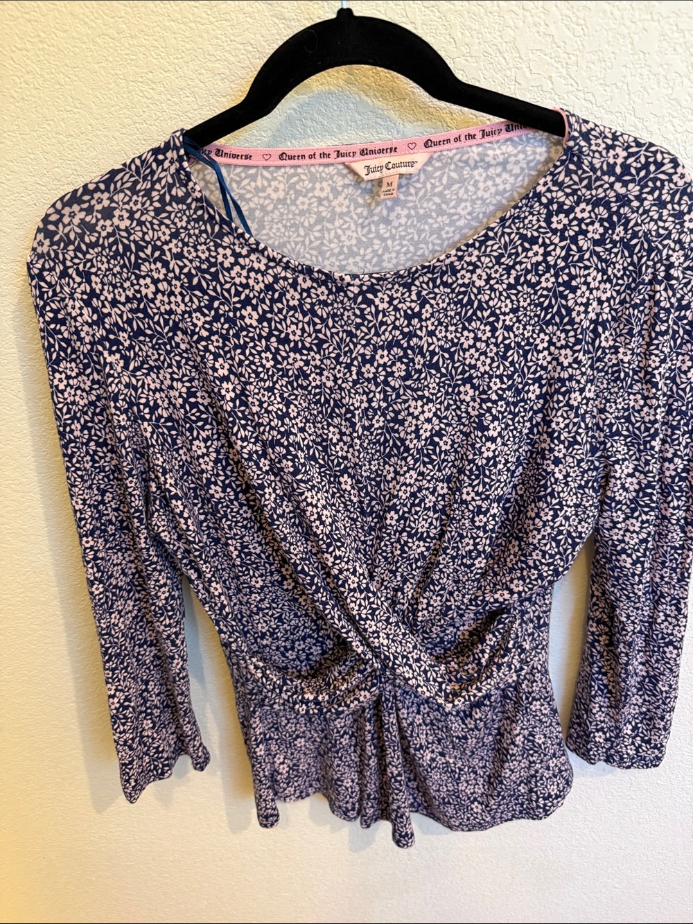 Juicy Couture Navy and White Floral Twist-Front Long Sleeve Top